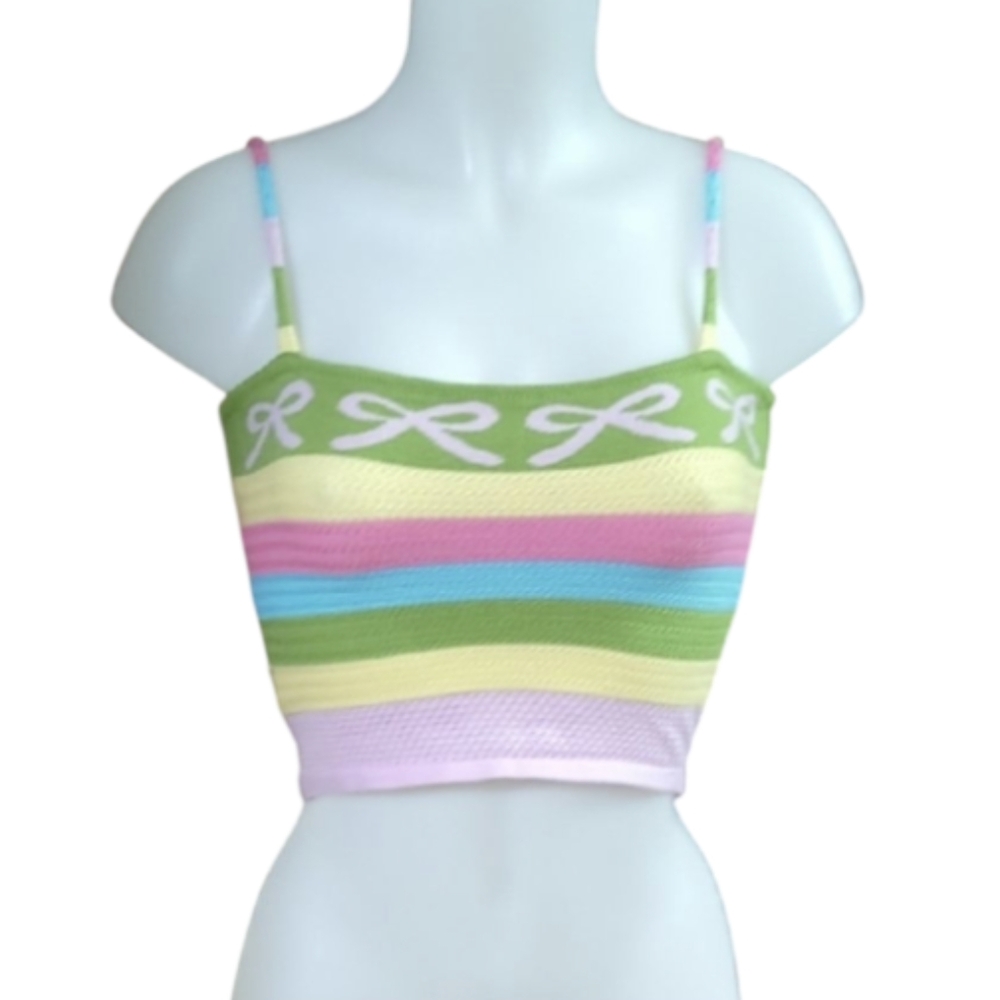 Size S Striped Bow Accent Crop Top